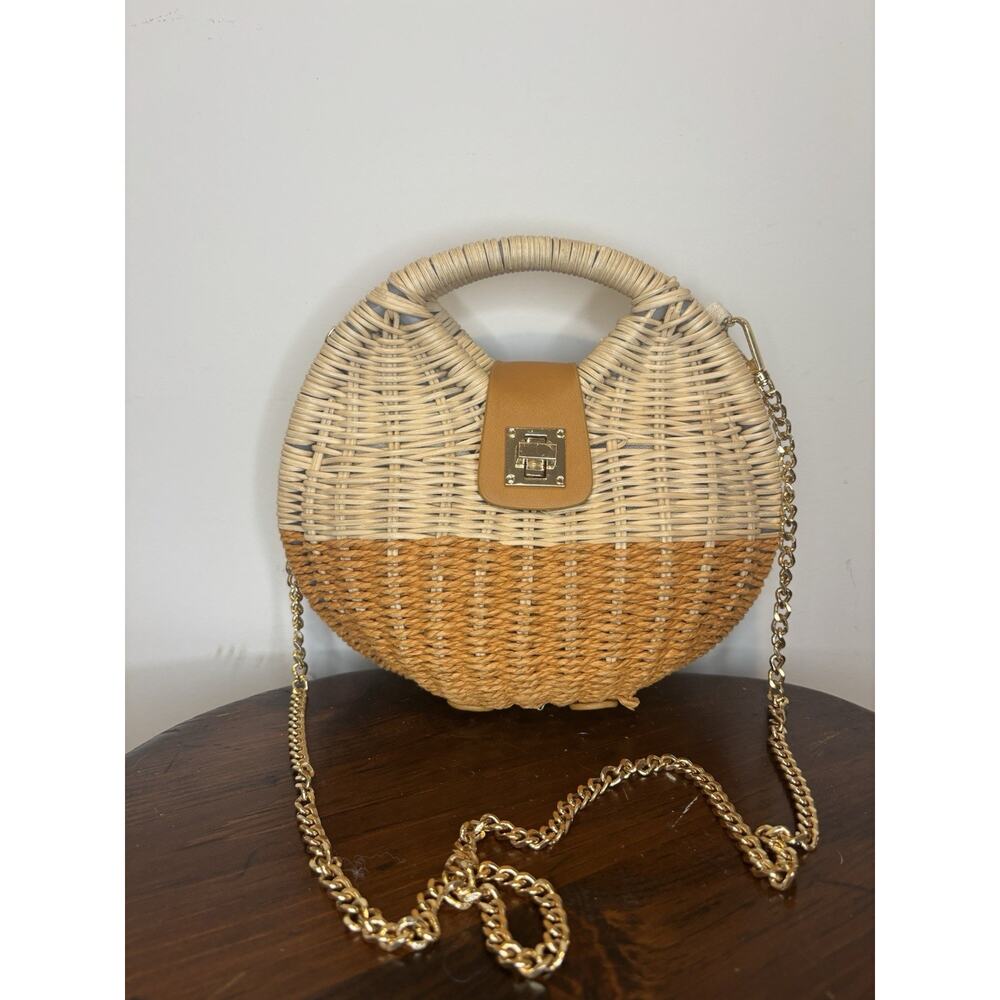 Zara Woven Wicker Rattan Purse. Gold Chain Strap